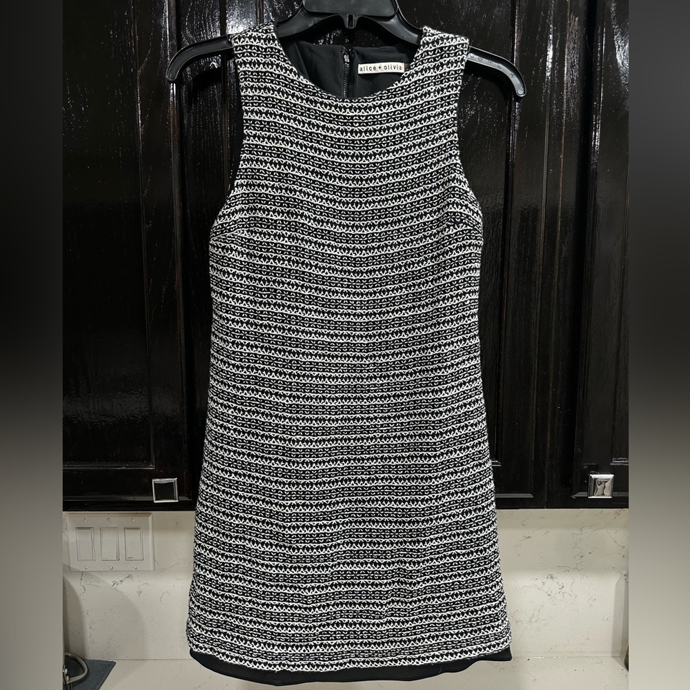 Alice + Olivia Linen and Cotton Mixed Woven Black White Mini Dress